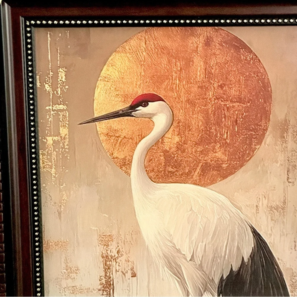 Crane Golden Sun Asian Style Bird Moody Canvas Art Print Framed Wall Art 9x11”